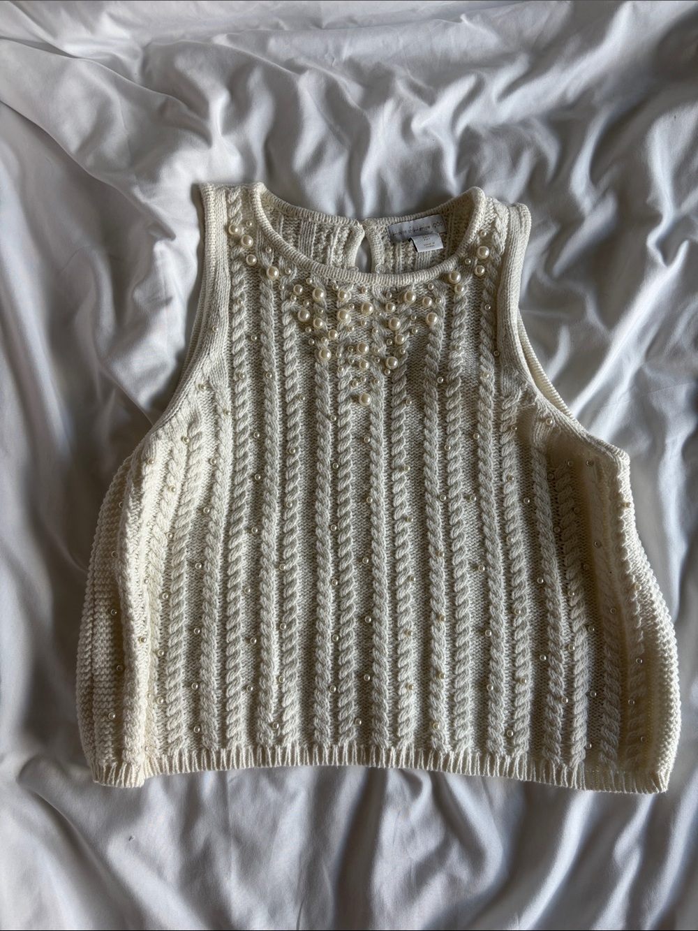 House of Harlow 1960 Cream Pearl-Embellished Cable Knit Tank